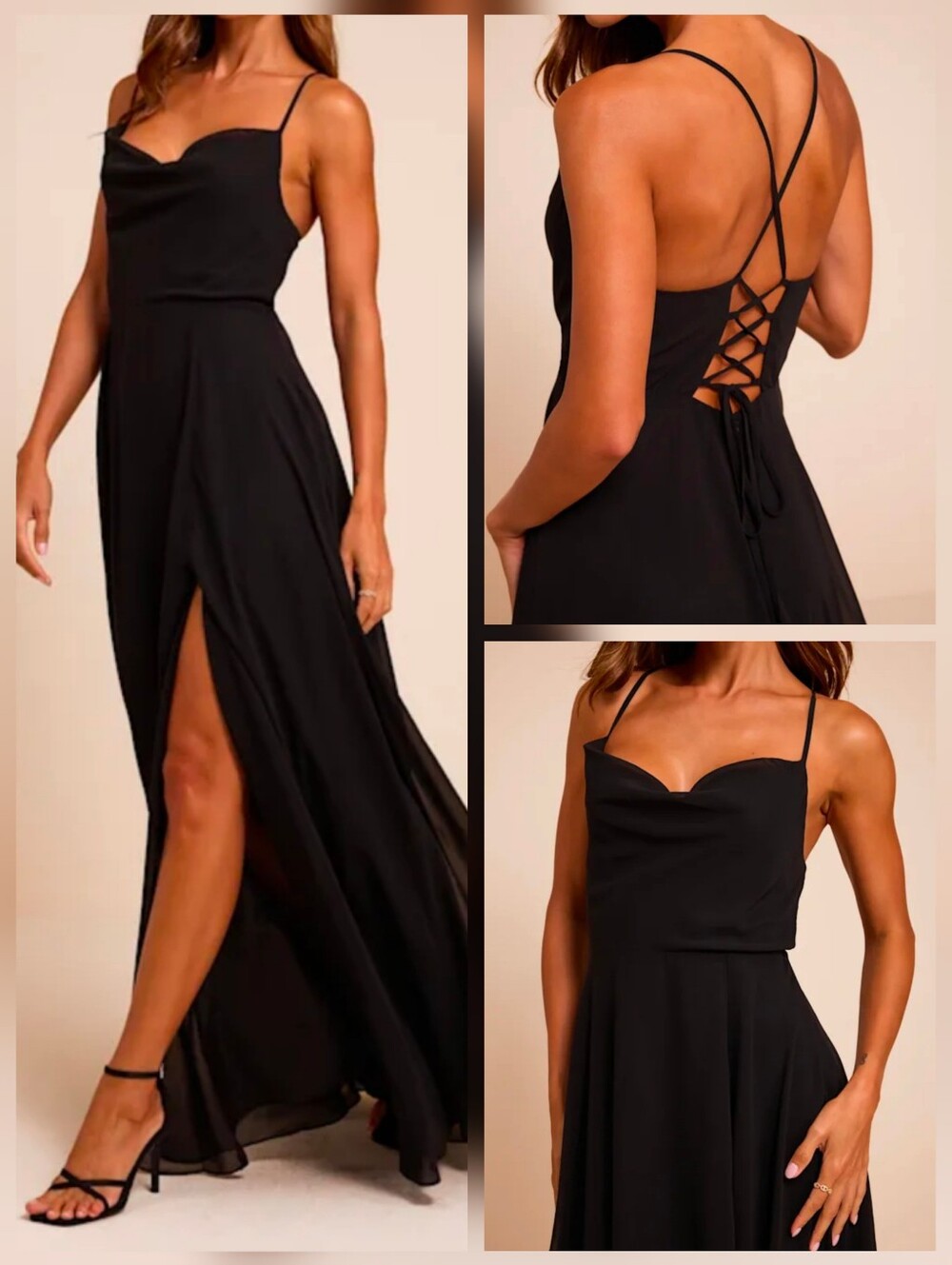 Lulus Romantically Speaking Black Cowl Lace-Up Maxi Dress - Size Large - NWT!